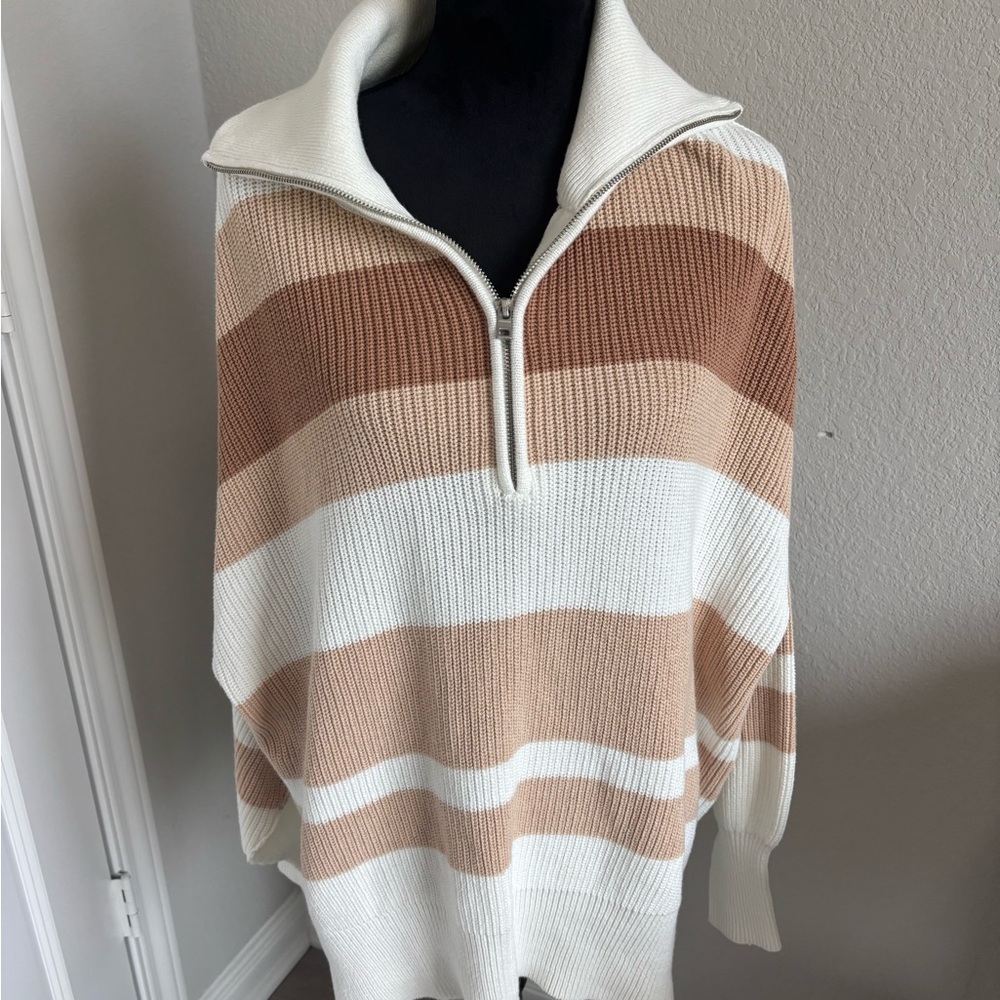 Aerie Beyond Striped 1/4 Zip Pullover Sweater in a toasty combo color size med - Picture 3 of 6